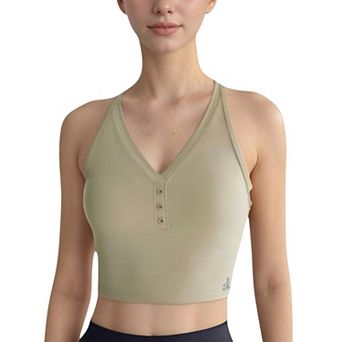 Women's Longline V-Neck Sports Bra with Faux Button Detail and Wide Shoulder Straps