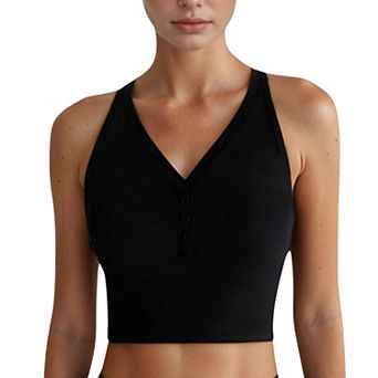 Women's Longline V-Neck Sports Bra with Faux Button Detail and Wide Shoulder Straps
