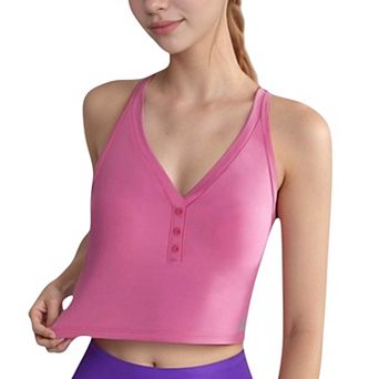 Women's Longline V-Neck Sports Bra with Faux Button Detail and Wide Shoulder Straps