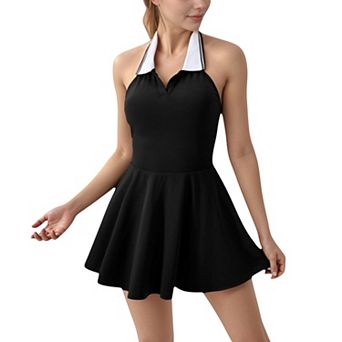 Women's Sleeveless Tennis Dress with Contrast Polo Collar and Flared Skirt Design