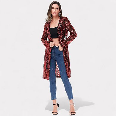 Women's Long Sequin Cardigan Open Front Sheer Duster Jacket