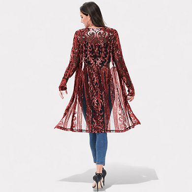 Women's Long Sequin Cardigan Open Front Sheer Duster Jacket