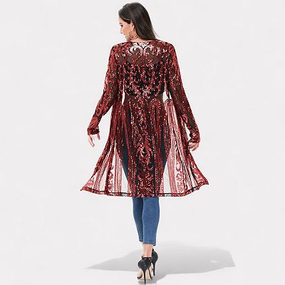Women's Long Sequin Cardigan Open Front Sheer Duster Jacket