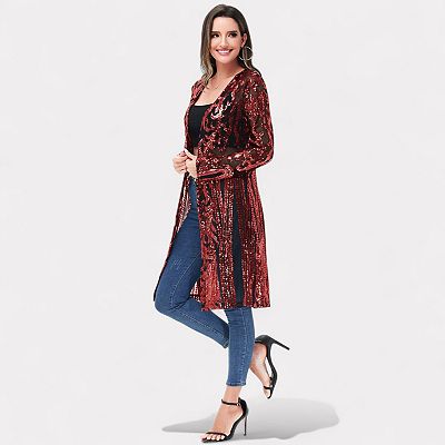 Women's Long Sequin Cardigan Open Front Sheer Duster Jacket