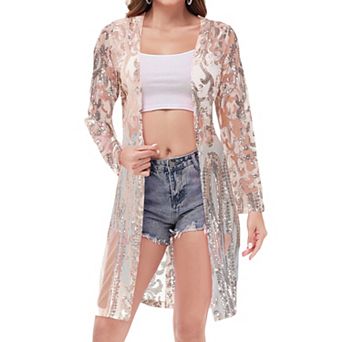 Women's Long Sequin Cardigan Open Front Sheer Duster Jacket