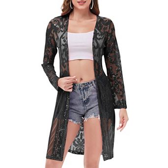 Women's Long Sequin Cardigan Open Front Sheer Duster Jacket