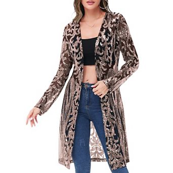 Women's Long Sequin Cardigan Open Front Sheer Duster Jacket