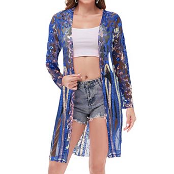 Women's Long Sequin Cardigan Open Front Sheer Duster Jacket