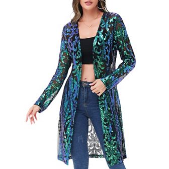 Women's Long Sequin Cardigan Open Front Sheer Duster Jacket
