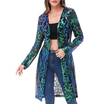 Women's Long Sequin Cardigan Open Front Sheer Duster Jacket