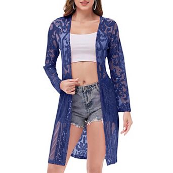 Women's Long Sequin Cardigan Open Front Sheer Duster Jacket