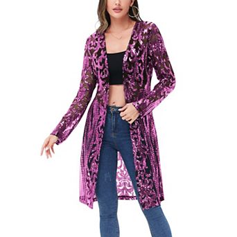 Women's Long Sequin Cardigan Open Front Sheer Duster Jacket