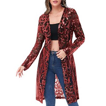 Women's Long Sequin Cardigan Open Front Sheer Duster Jacket