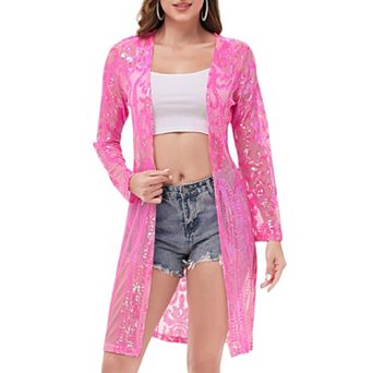 Women's Long Sequin Cardigan Open Front Sheer Duster Jacket