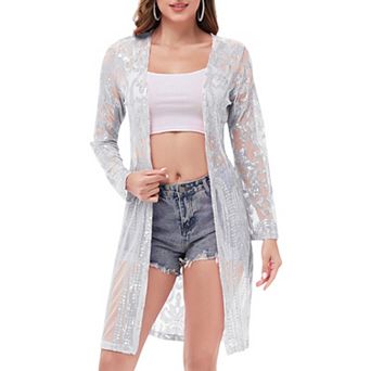 Women's Long Sequin Cardigan Open Front Sheer Duster Jacket