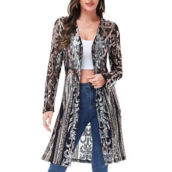 Women's Long Sequin Cardigan Open Front Sheer Duster Jacket