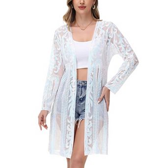 Women's Long Sequin Cardigan Open Front Sheer Duster Jacket