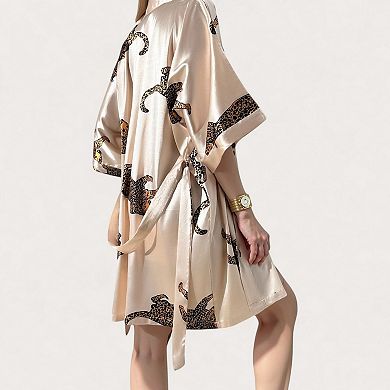 Women's Satin Short Robe with Bold Leopard Print and Waist Tie Kimono Sleeves