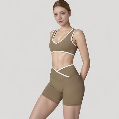 Women's High Waist Crossover Athletic Shorts with Stretch Fabric and Flattering V Front Waistband