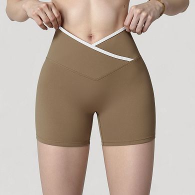 Women's High Waist Crossover Athletic Shorts with Stretch Fabric and Flattering V Front Waistband