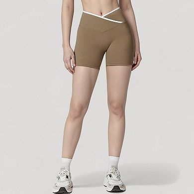 Women's High Waist Crossover Athletic Shorts with Stretch Fabric and Flattering V Front Waistband