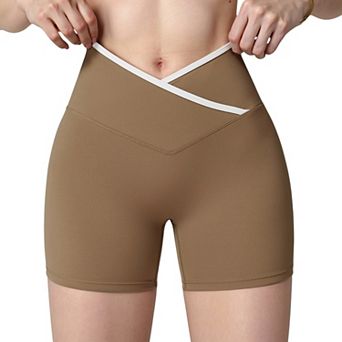 Women's High Waist Crossover Athletic Shorts with Stretch Fabric and Flattering V Front Waistband