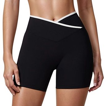 Women's High Waist Crossover Athletic Shorts with Stretch Fabric and Flattering V Front Waistband
