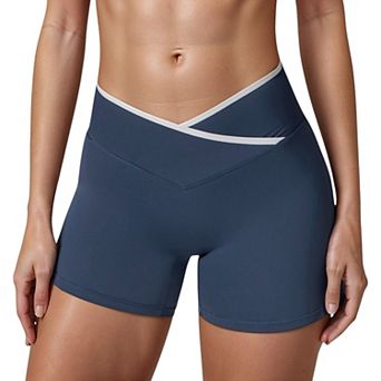 Women's High Waist Crossover Athletic Shorts with Stretch Fabric and Flattering V Front Waistband