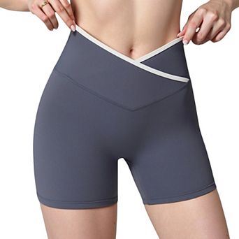 Women's High Waist Crossover Athletic Shorts with Stretch Fabric and Flattering V Front Waistband