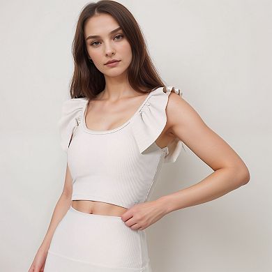 Women's Ribbed Scoop Neck Crop Top with Flutter Shoulder Details and Seamless Fitted Design