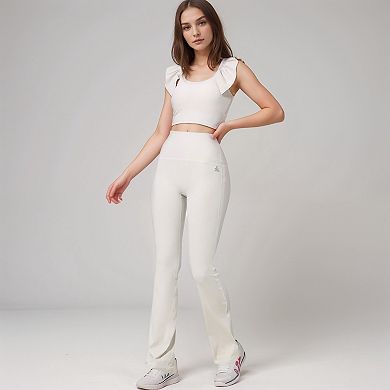 Women's Ribbed Scoop Neck Crop Top with Flutter Shoulder Details and Seamless Fitted Design