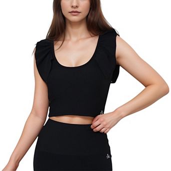 Women's Ribbed Scoop Neck Crop Top with Flutter Shoulder Details and Seamless Fitted Design