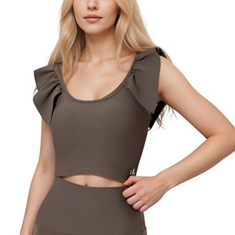 Women's Ribbed Scoop Neck Crop Top with Flutter Shoulder Details and Seamless Fitted Design