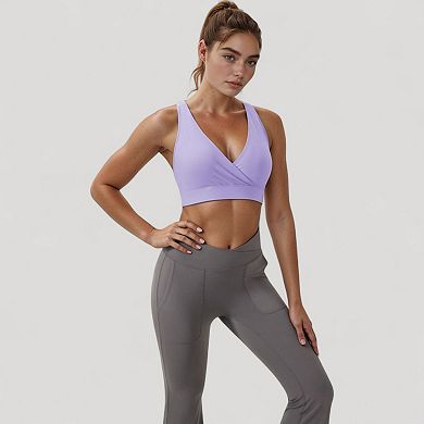 Women's Crossover V-Neck Sports Bra with Wide Straps and Stretch Support Band
