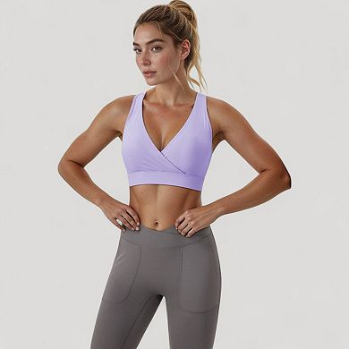 Women's Crossover V-Neck Sports Bra with Wide Straps and Stretch Support Band