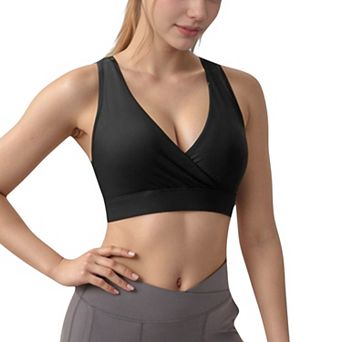 Women's Crossover V-Neck Sports Bra with Wide Straps and Stretch Support Band