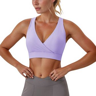 Women's Crossover V-Neck Sports Bra with Wide Straps and Stretch Support Band