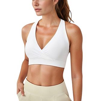 Women's Crossover V-Neck Sports Bra with Wide Straps and Stretch Support Band