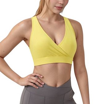 Women's Crossover V-Neck Sports Bra with Wide Straps and Stretch Support Band