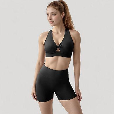 Women's Twist Front Sports Bra with Keyhole Cutout and Wide Shoulder Straps