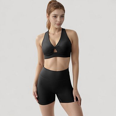 Women's Twist Front Sports Bra with Keyhole Cutout and Wide Shoulder Straps