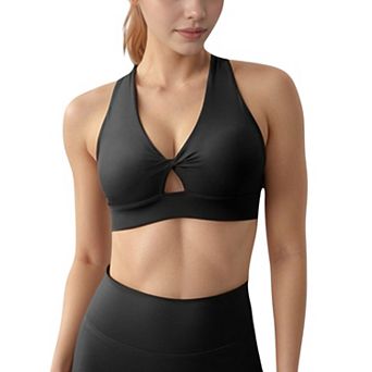 Women's Twist Front Sports Bra with Keyhole Cutout and Wide Shoulder Straps