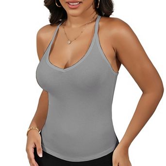 Women's Ribbed Knit Deep V Neck Tank Top with Seamless Design and Stretch Fit
