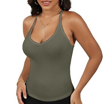 Women's Ribbed Knit Deep V Neck Tank Top with Seamless Design and Stretch Fit