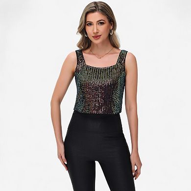 Women's Sequin Square Neck Tank Top with Sleeveless Design and Cropped Fit