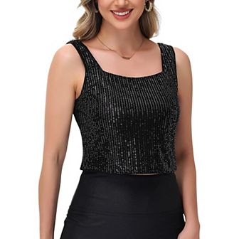 Women's Sequin Square Neck Tank Top with Sleeveless Design and Cropped Fit