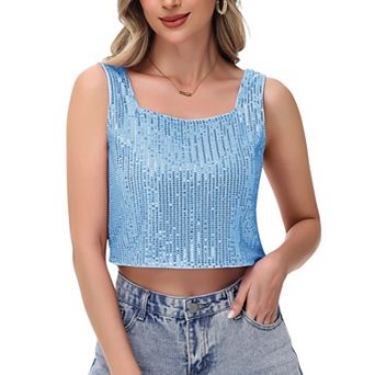 Women's Sequin Square Neck Tank Top with Sleeveless Design and Cropped Fit