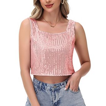 Women's Sequin Square Neck Tank Top with Sleeveless Design and Cropped Fit