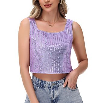 Women's Sequin Square Neck Tank Top with Sleeveless Design and Cropped Fit