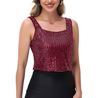 Women's Sequin Square Neck Tank Top with Sleeveless Design and Cropped Fit